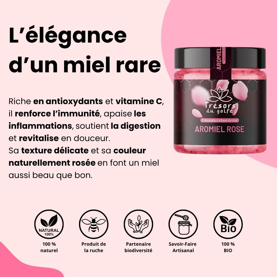 Miel Rose au Cynorrhodon – Aromiel floral & fruité – 250g trésors du golfe