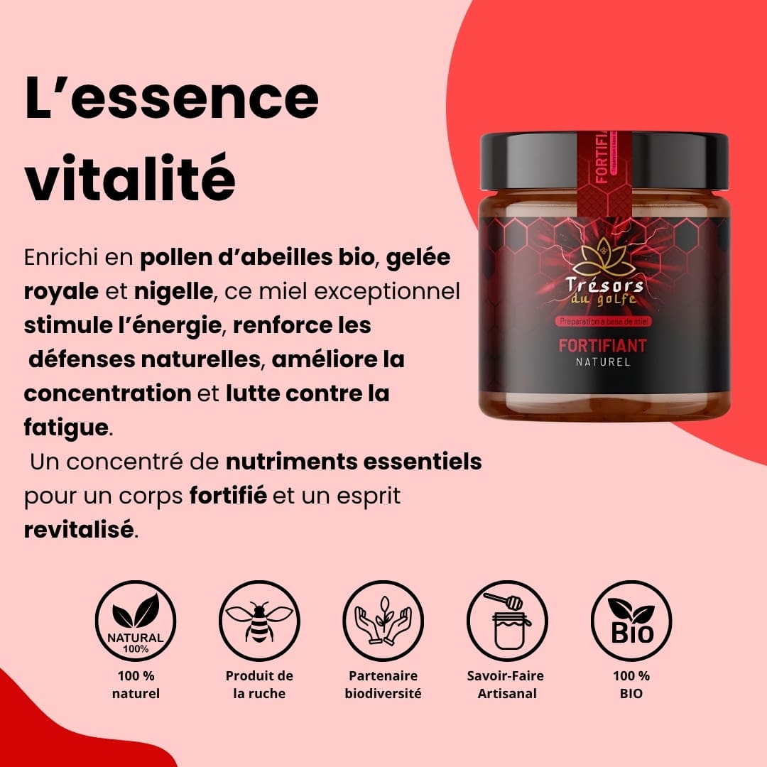 Miel Fortifiant : Gelée Royale et Pollen – 250g trésors du golfe
